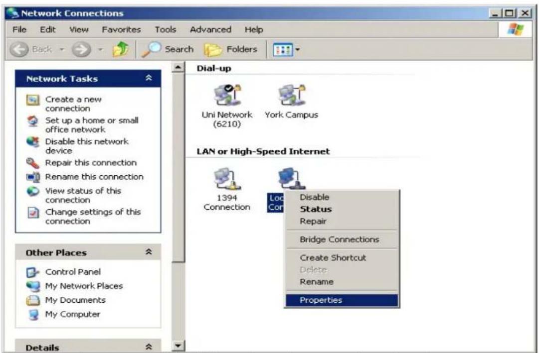 Network Connections File Edit View Favorites Tools Advanced Help Back Search Folders Network Tasks Create a new connection Set up a home or small office network Disable this network device Repair this connection Rename this connection View status of this connection Change settings of this connection Other Places Control Panel My Network Places My Documents My Computer Details Dial-up Uni Network (6210) York Campus LAN or High-Speed Internet 1394 Connection Local Control Disable Status Repair Bridge Connections Create Shortcut Delete Rename Properties