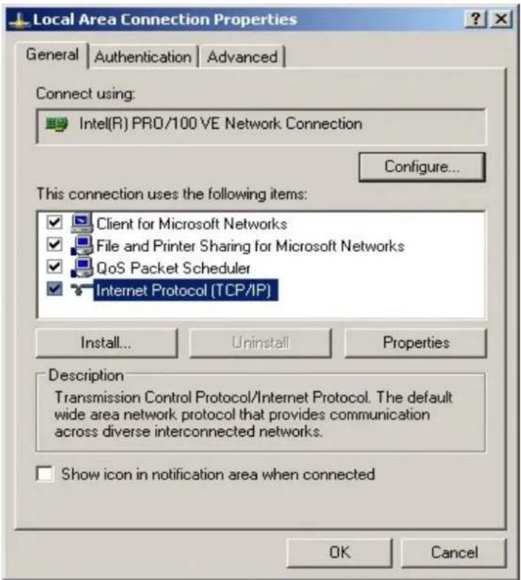 Local Area Connection Properties General Authentication Advanced Connect using: Intel(R) PRO/100 VE Network Connection Configure... This connection uses the following items: ✓ Client for Microsoft Networks ✓ File and Printer Sharing for Microsoft Networks ✓ QoS Packet Scheduler ✓ Internet Protocol (TCP/IP) Install... Uninstall Properties Description Transmission Control Protocol/Internet Protocol. The default wide area network protocol that provides communication across diverse interconnected networks. Show icon in notification area when connected OK Cancel