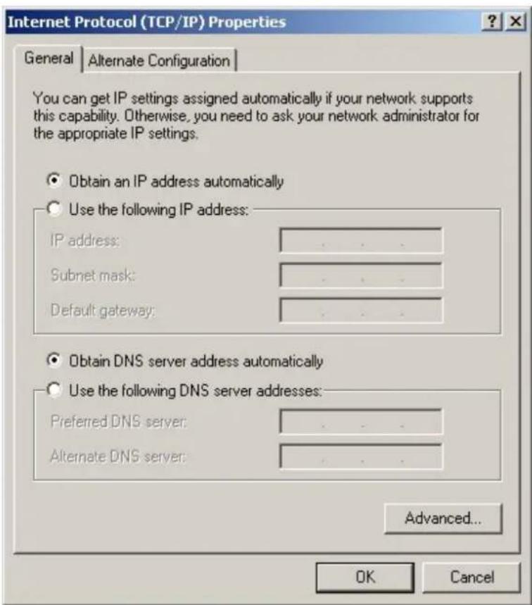 Internet Protocol (TCP/IP) Properties General | Alternate Configuration | You can get IP settings assigned automatically if your network supports this capability. Otherwise, you need to ask your network administrator for the appropriate IP settings. Obtain an IP address automatically Use the following IP address: IP address: .... Subnet mask: .... Default gateway: .... Obtain DNS server address automatically Use the following DNS server addresses: Preferred DNS server: .... Alternate DNS server: .... Advanced... OK Cancel