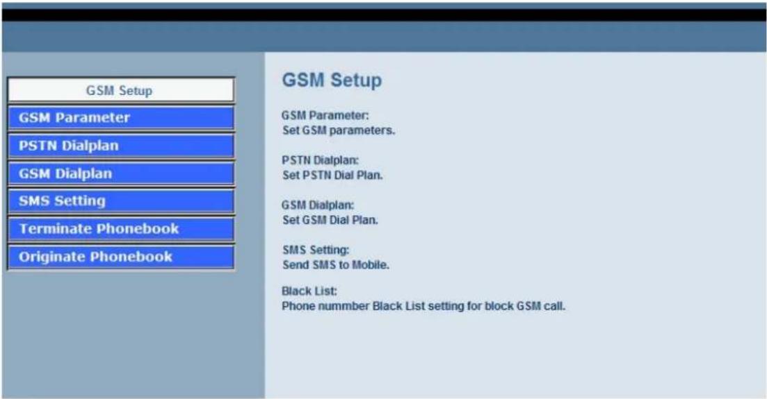 GSM Setup GSM Parameter PSTN Dialplan GSM Dialplan SMS Setting Terminate Phonebook Originate Phonebook GSM Setup GSM Parameter: Set GSM parameters. PSTN Dialplan: Set PSTN Dial Plan. GSM Dialplan: Set GSM Dial Plan. SMS Setting: Send SMS to Mobile. Black List: Phone nummber Black List setting for block GSM call.