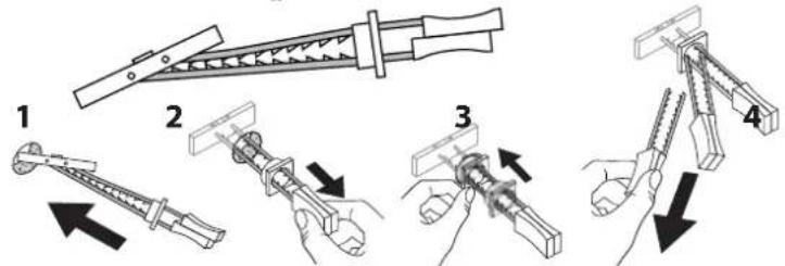 Diagram illustrating four different manual tool configurations for measuring a mechanical component, labeled 1 to 4.
