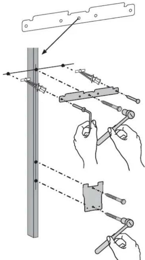 Technical diagram illustrating the installation of a mechanical clamp or bracket with labeled components and tool paths.