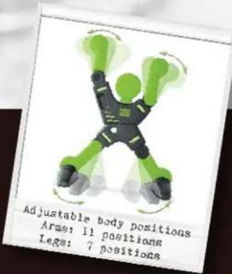 Adjustable body positions Aras: 11 positions Legs: 7 positions
