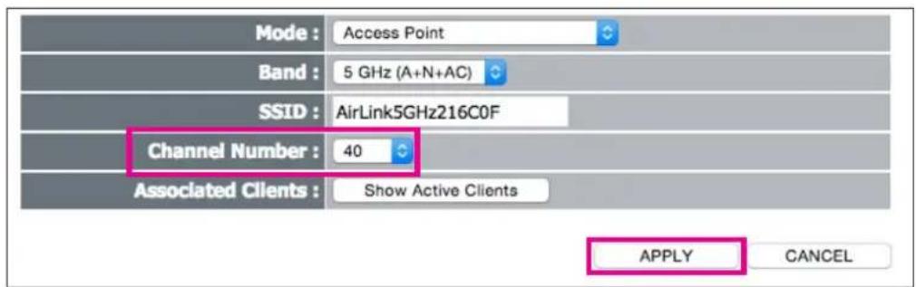 Mode : Access Point Band : 5 GHz (A+N+AC) SSID : AirLink5GHz216C0F Channel Number : 40 Associated Clients : Show Active Clients APPLY CANCEL