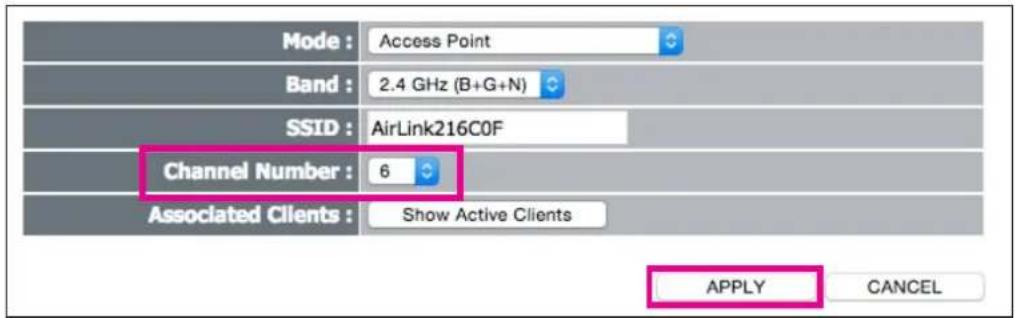 Mode : Access Point Band : 2.4 GHz (B+G+N) SSID : AirLink216C0F Channel Number : 6 Associated Clients : Show Active Clients APPLY CANCEL