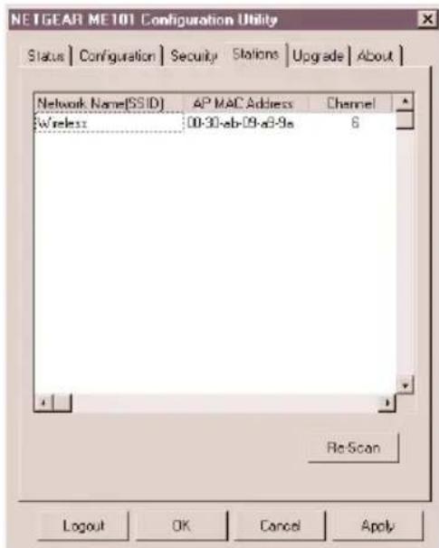NETGEAR ME101 Configuration Utility Status | Configuration | Security | Stations | Upgrade | About | Network Name(SSID) AP MAC Address Channel Wireless 00-30-ab-09-a3-9a 6 ReScan Logout OK Cancel Apply