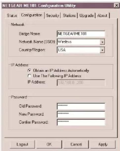 NETGEAR ME101 Configuration Utility Status Configuration Security Stations Upgrade About Network Bridge Name: NETGEARME101 Network Name (SSID): Wireless County/Region: USA IP Address ● Obtain an IP Address Automatically ○ Use The Following IP Address IP Address: 832768.0 200 Password Old Password: ****** New Password: ****** Confirm Password: ****** Logout OK Cancel Apply