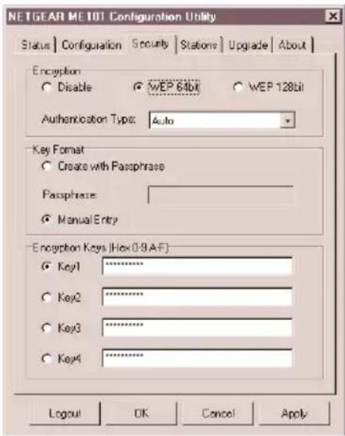 NETGEAR ME101 Configuration Utility Status | Configuration | Security | Stations | Upgrade | About | Encryption ○ Disable ○ WEP 64bit ○ WEP 128bit Authentication Type: Auto Key Format ○ Create with Passphrase Passphrase: ○ Manual Entry Encryption Keys (Hex 0.9 AF) ○ Key1 ○ Key2 ○ Key3 ○ Key4 Logout OK Cancel Apply