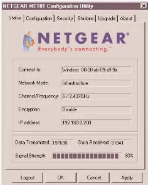 NETGEAR ME101 Configuration Utility Status | Configuration | Security | Stations | Upgrade | About | NETGEAR® Everybody's connecting." Connect to: Wireless 00-30-ab-09-e9-9a Network Mode: Infrastructure Channel/Frequency: 6/2.4376Hz Encryption: Disable IP address: 192.168.0.200 Data Transmitted: 197698 Data Received: 51841 Signal Strength: 93% Logout OK Cancel Apply