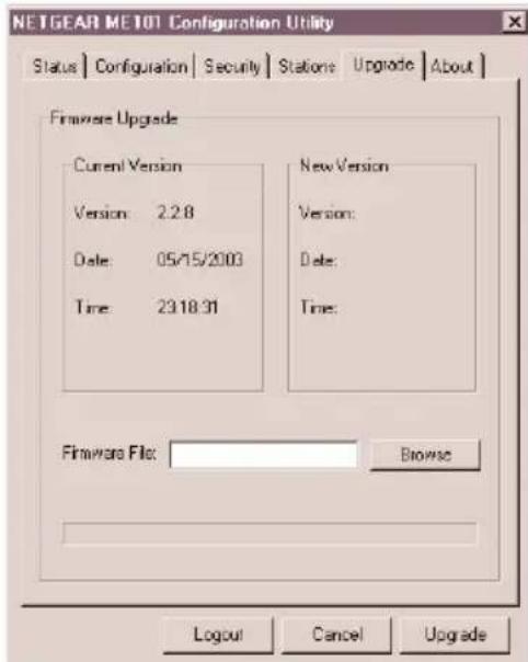 NETGEAR ME101 Configuration Utility Status | Configuration | Security | Stations | Upgrade | About | Firmware Upgrade Current Version Version: 2.2.8 Date: 05/15/2003 Time: 23.18.31 New Version Version: Date: Time: Firmware File: Browse Logout Cancel Upgrade