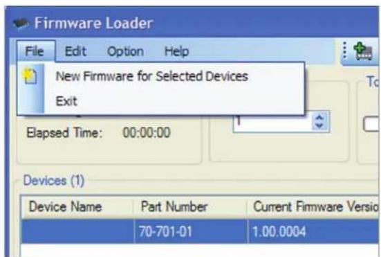 Firmware Loader File Edit Option Help New Firmware for Selected Devices Exit Elapsed Time: 00:00:00 Devices (1) Device Name Part Number Current Firmware Version 70-701-01 1.00.0004