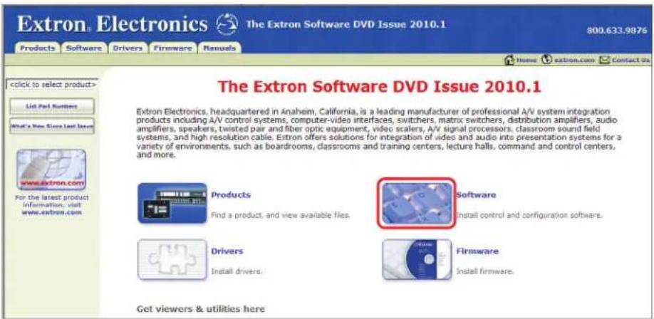 Extron Electronics The Extron Software DVD Issue 2010.1 800.633.9876 Products Software Drivers Firmware Manuals Home extron.com Contact Us List Pack Numbers What's New Store Last Items www.extron.com For the latest product information, visit www.extron.com The Extron Software DVD Issue 2010.1 Extron Electronics, headquartered in Anaheim, California, is a leading manufacturer of professional A/V system integration products including A/V control systems, computer-video interfaces, switchers, matrix switchers, distribution amplifiers, audio amplifiers, speakers, twisted pair and fiber optic equipment, video scalers, A/V signal processors, classroom sound field systems, and high resolution cable. Extron offers solutions for integration of videos and audio into presentation systems for a variety of environments, such as boardrooms, classrooms and training centers, lecture halls, command and control centers, and more. Products Find a product, and view available files. Software Install control and configuration software. Drivers Install drivers. Firmware Install firmware. Get viewers & utilities here