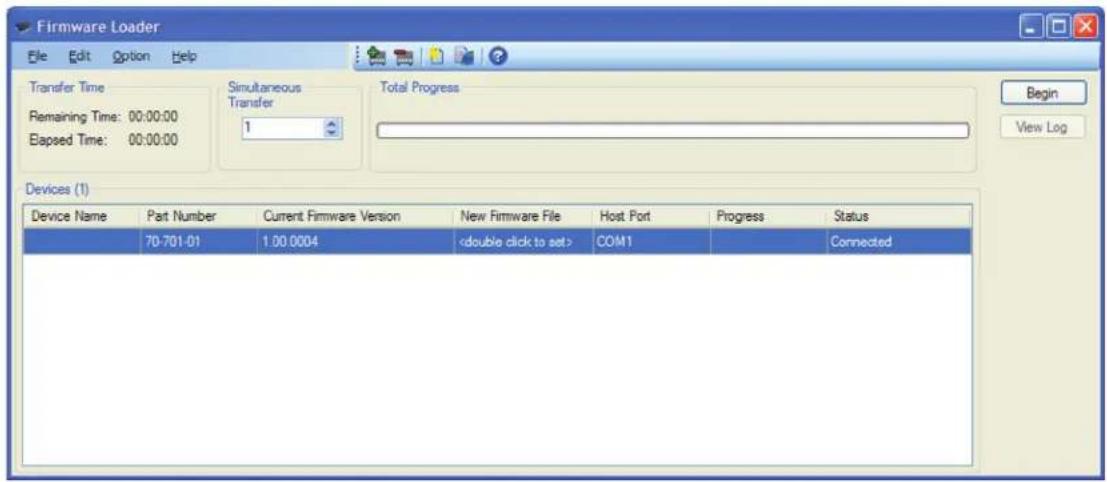 Firmware Loader File Edit Option Help Transfer Time Remaining Time: 00:00:00 Elapsed Time: 00:00:00 Simultaneous Transfer 1 Total Progress Begin View Log Devices (1) Device Name Part Number Current Firmware Version New Firmware File Host Port Progress Status 70-701-01 1.00 0004 COM1 Connected