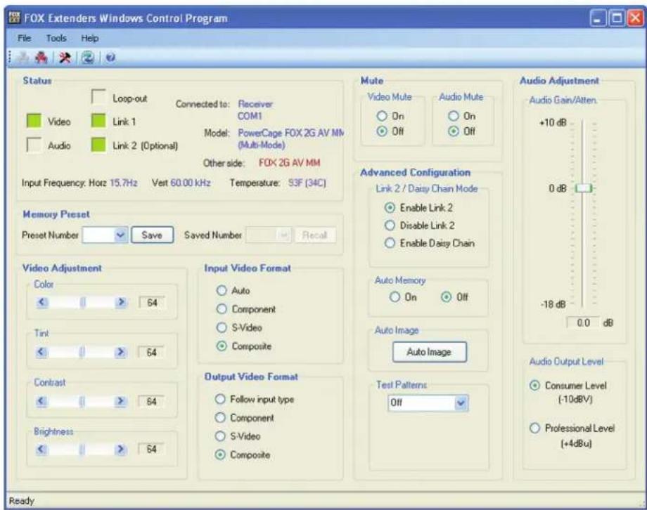 FOX Extenders Windows Control Program File Tools Help Status Loop-out Connected to: Receiver COM1 Video Link 1 Model: PowerCage FOX 2G AV MM Audio Link 2 (Optional) (Multi-Mode) Other side: FOX 2G AV MM Input Frequency: Horz 15.7Hz Vert 60.00 kHz Temperature: S3F (34C) Memory Preset Preset Number Save Saved Number Recall Video Adjustment Color 64 Tink 64 Contrast 64 Brightness 64 Input Video Format Auto Component S-Video Composite Output Video Format Follow input type Component S-Video Composite Mute Video Mute Audio Mute On On Off Off Off Advanced Configuration Link 2 / Daisy Chain Mode Enable Link 2 Disable Link 2 Enable Daisy Chain Auto Memory On Off Auto Image Auto Image Test Patterns: Off Audio Adjustment Audio Gain/Alten. +10 dB 0 dB -18 dB 0.0 dB Audio Output Level Consumer Level (-10dBV) Professional Level (+4dBu) Ready