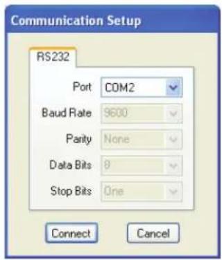 Communication Setup RS232 Port COM2 Baud Rate 9600 Parity None Data Bits 8 Stop Bits One Connect Cancel