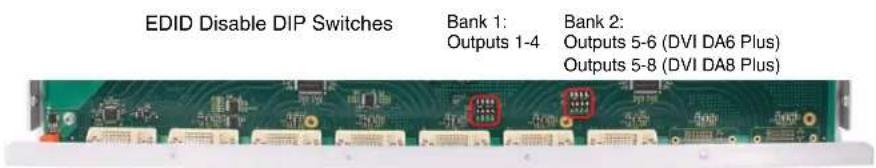 EDID Disable DIP Switches Bank 1: Outputs 1-4 Bank 2: Outputs 5-6 (DVI DA6 Plus) Outputs 5-8 (DVI DA8 Plus)