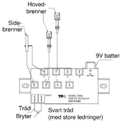 Hoved- brenner Side- brenner 9V batteri Tråd Bryter Svart tråd (med store ledninger)