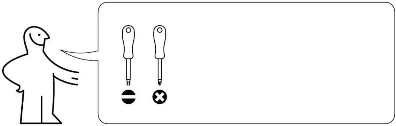 Diagram showing a person pointing to two screwdriver tips with a minus sign and an 'X' symbol, likely illustrating a visual or instructional concept.