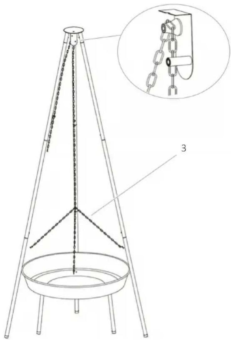 Technical diagram of a tripod-mounted device with labeled components and an inset showing a mechanical lifting mechanism.