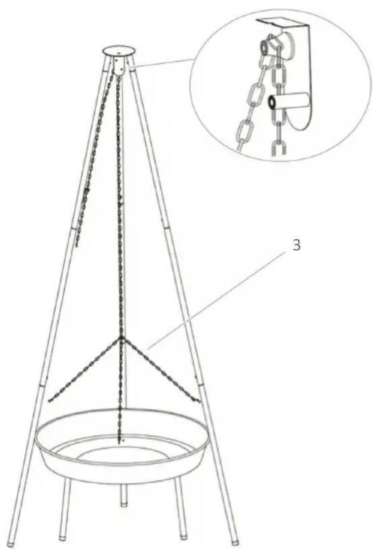 Technical diagram of a tripod-mounted device with labeled components and an inset showing a mechanical lifting mechanism.