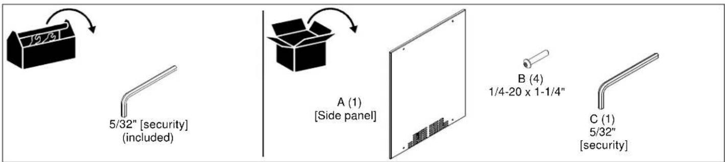 76/31 5/32" [security] (included) A (1) [Side panel] B (4) 1/4-20 x 1-1/4" C (1) 5/32" [security]