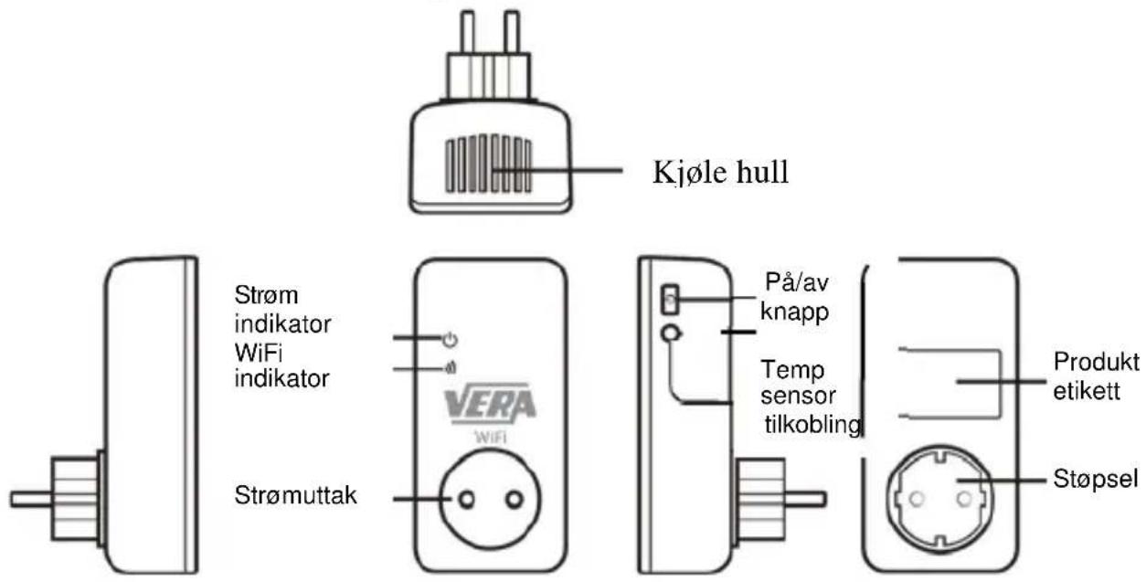 Kjøle hull Strøm indikator WiFi indikator Strømuttak VERA WIFI På/av knapp Temp sensor tilkobling Produkt etikett Støpsel