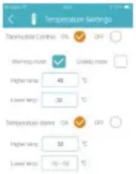 Temperature Settings Thermocenter Controls: 0% OFF Warming range: Cooling mode Higher temp: 45 °C Lower temp: -32 °C Temperature range: OK OFF Higher temp: 50 °C Lower temp: -10 - 50 °C