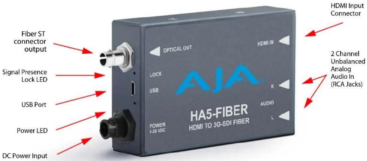 Fiber ST connector output Signal Presence Lock LED USB Port Power LED DC Power Input OPTICAL OUT HDMI IN LOCK USB R POWER 5-20 VDC HA5-FIBER HDMI TO 3G-SDI FIBER AUDIO L HDMI Input Connector 2 Channel Unbalanced Analog Audio In (RCA Jacks)