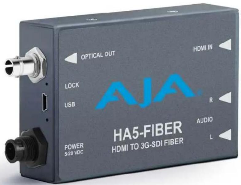 OPTICAL OUT HDMI IN LOCK USB AJA POWER 5-20 VDC HA5-FIBER HDMI TO 3G-SDI FIBER R AUDIO L