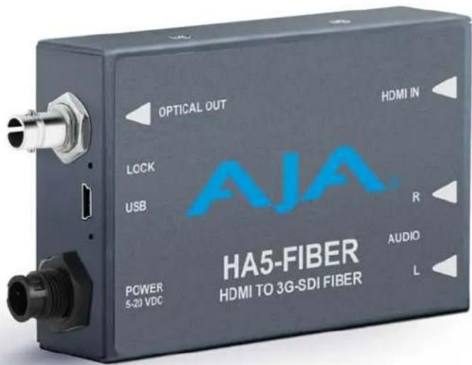 OPTICAL OUT HDMI IN LOCK USB AJA POWER 5-20 VDC HA5-FIBER HDMI TO 3G-SDI FIBER R AUDIO L
