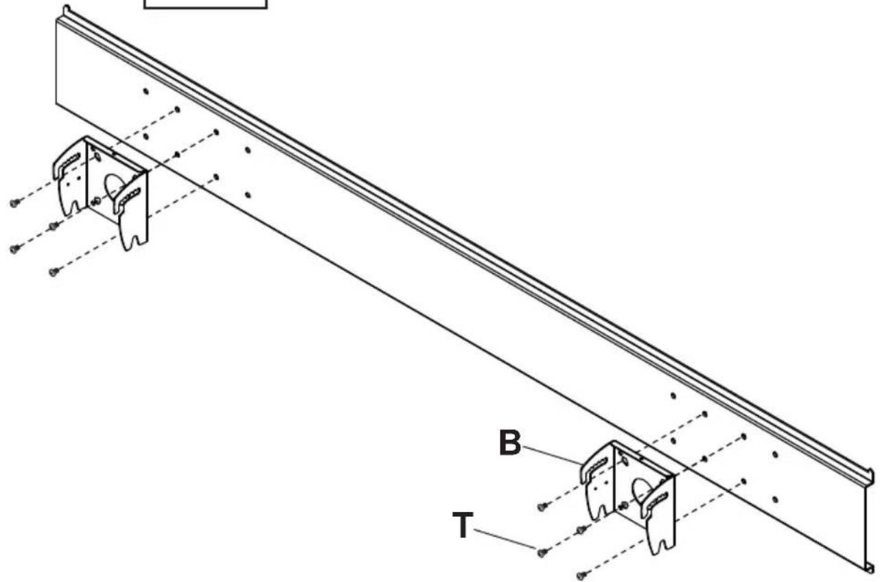 Technical diagram showing a structural assembly with labeled components B and T, including mounting brackets and alignment indicators.
