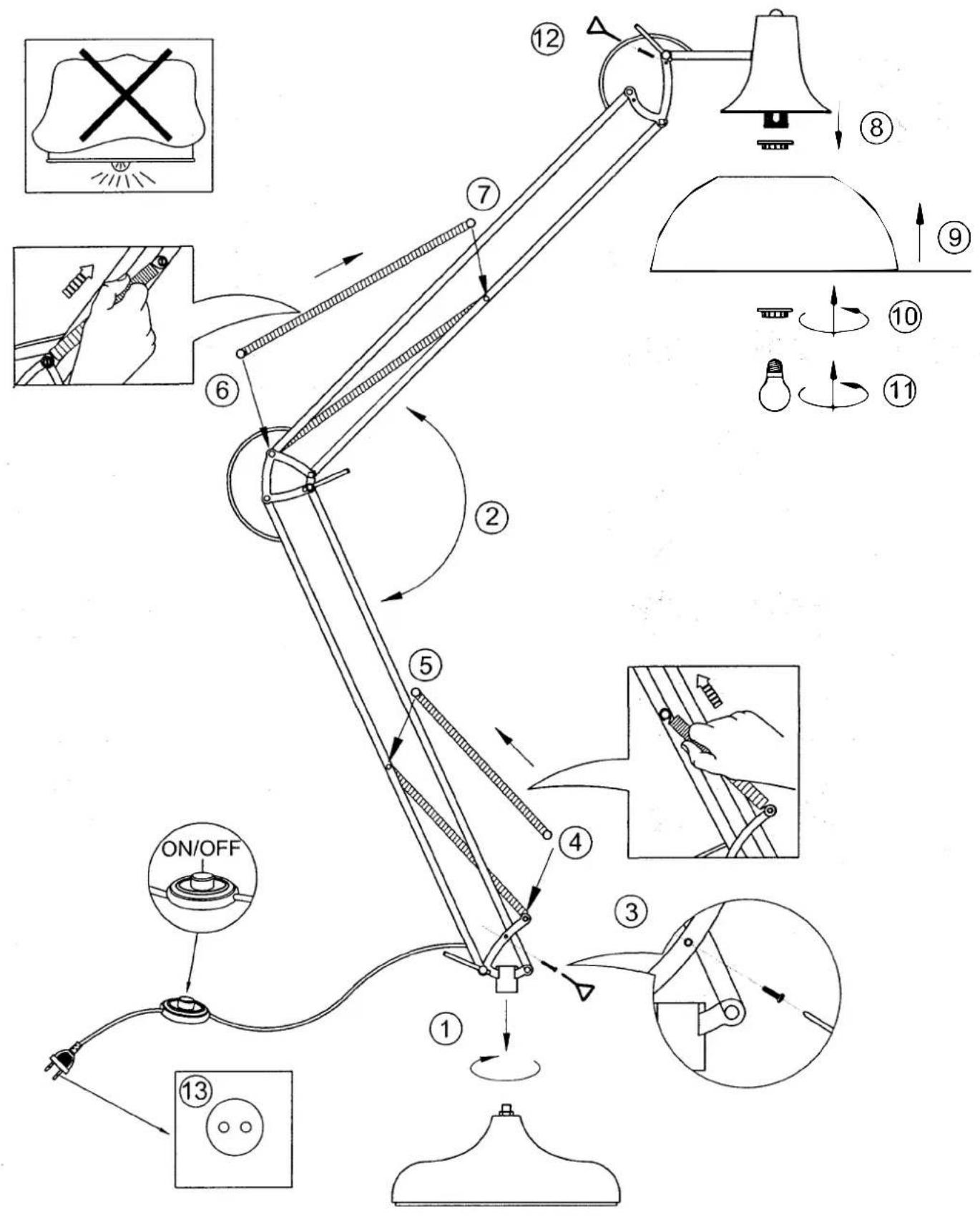 Diagram of a desk lamp mechanism with numbered steps and component illustrations including lighting, adjustment, and lighting switch.