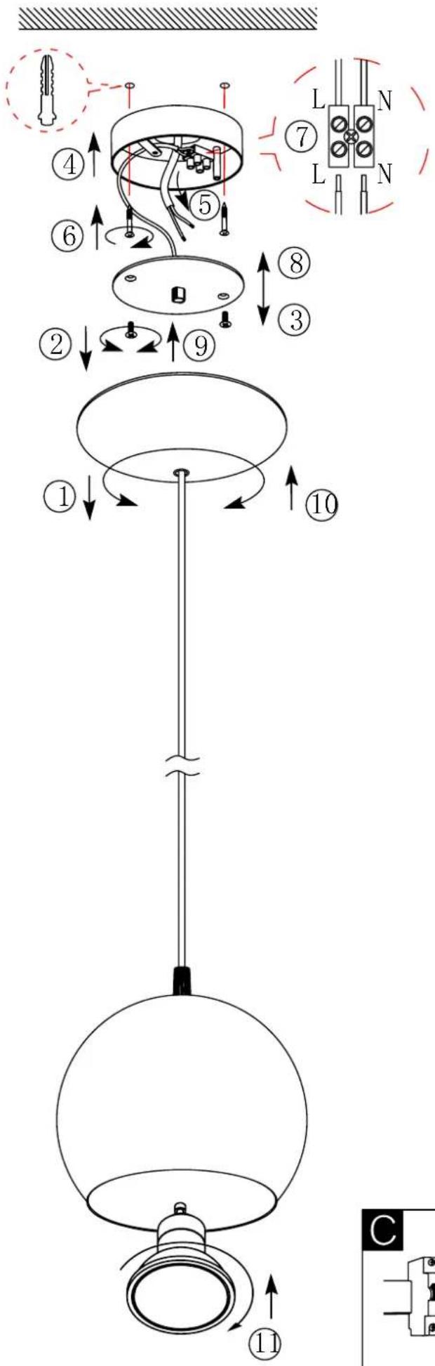 Technical diagram of a hanging lamp mechanism with numbered components and wiring annotations