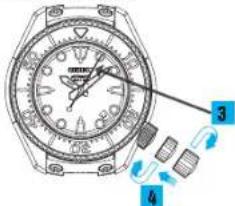 Diagram of a wristwatch with labeled parts and motion arrows indicating movement or sequence