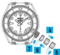 Diagram of a wristwatch with numbered parts and directional arrows indicating motion or movement