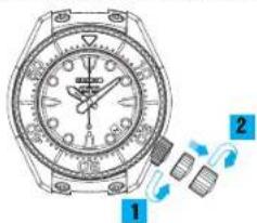 Diagram of a wristwatch with labeled parts showing dial, buttons, and adjustment knobs