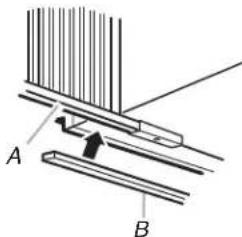 Technical diagram showing a mechanical assembly with labeled parts A and B, including a directional arrow indicating motion.