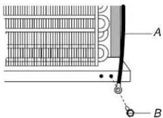 Technical diagram showing a mechanical or electrical component with labeled parts A and B, including a dashed line and circular connection points.