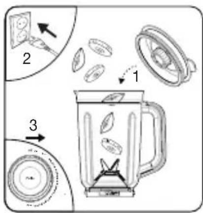 Diagram illustrating a food preparation step with three steps: slicing, adding seeds, and blending into a blender.