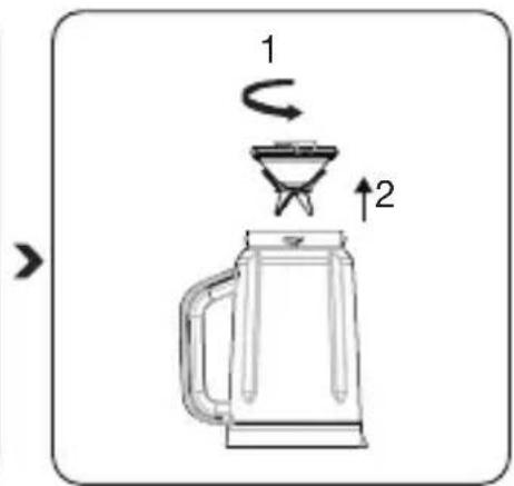 Diagram showing a coffee maker with two labeled parts: one with a curved arrow indicating rotation, the other with an upward arrow indicating up rotation.