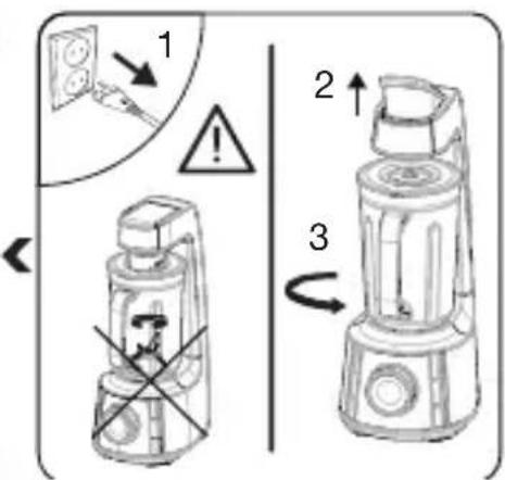 Diagram illustrating three-step installation of a blender with warning symbols and labeled parts