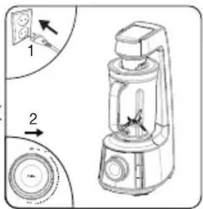 Technical diagram of a blender with labeled parts and directional arrows indicating assembly steps