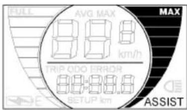 FULL AVG MAX MAX 8.8 km/h TRIP ODO ERROR 8.8.8.8 SETUP km ASSIST
