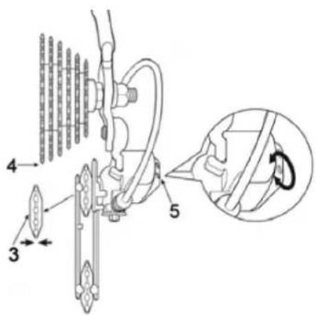 Technical diagram of a mechanical assembly with numbered components and an inset showing a gear mechanism with rotational motion.