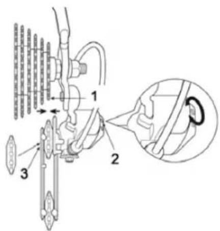 Technical diagram of a mechanical assembly with labeled parts and an inset showing a close-up view of a component.