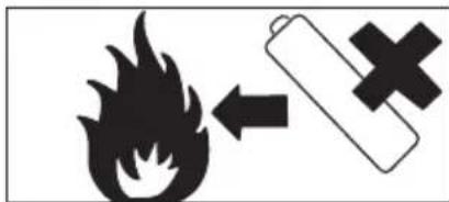 Warning symbol image showing a flame next to a battery with an 'X' mark, indicating battery hazard or explosion.