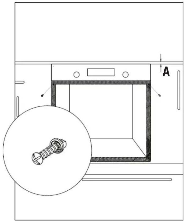 Technical diagram showing a screw installation inside a washing machine with labeled component A and a magnified view of the screw.