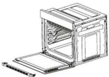 Line drawing of an open oven with internal rack and door (no text or symbols)