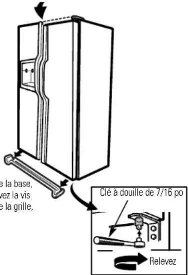 le la base, rez la vis e la grille, Clé à douille de 7/16 po Relevez
