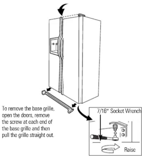 To remove the base grille, open the doors, remove the screw at each end of the base grille and then pull the grille straight out. 7/16" Socket Wrench Raise